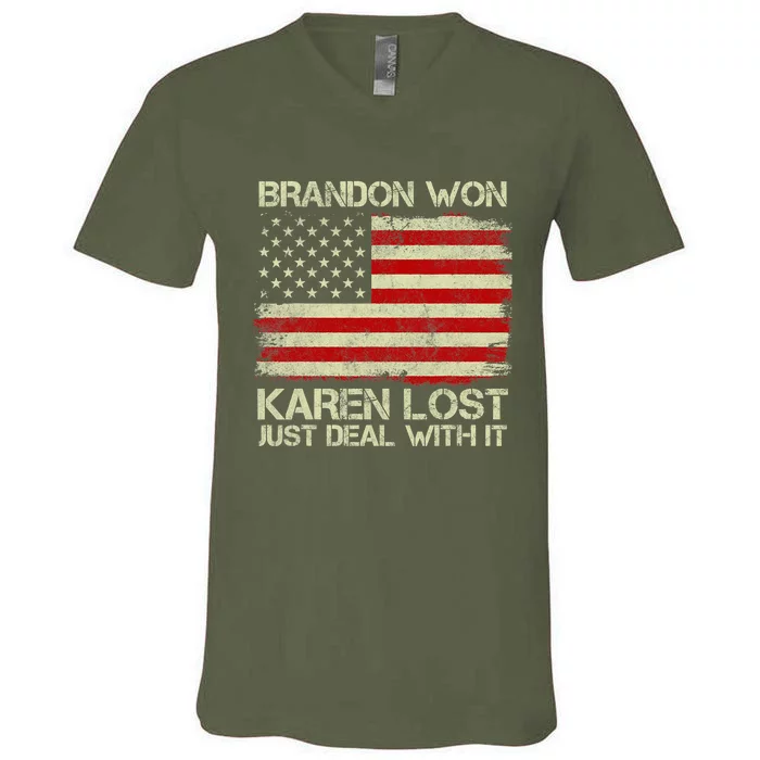 Brandon Won Karen Lost Just Deal With It USA Flag Biden V-Neck T-Shirt