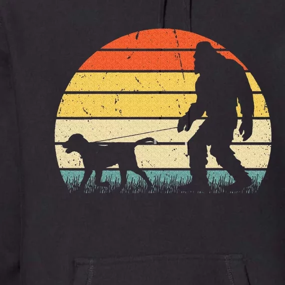 Bigfoot Walking Labrador Dog Funny Vintage 60s 70s Retro Premium Hoodie