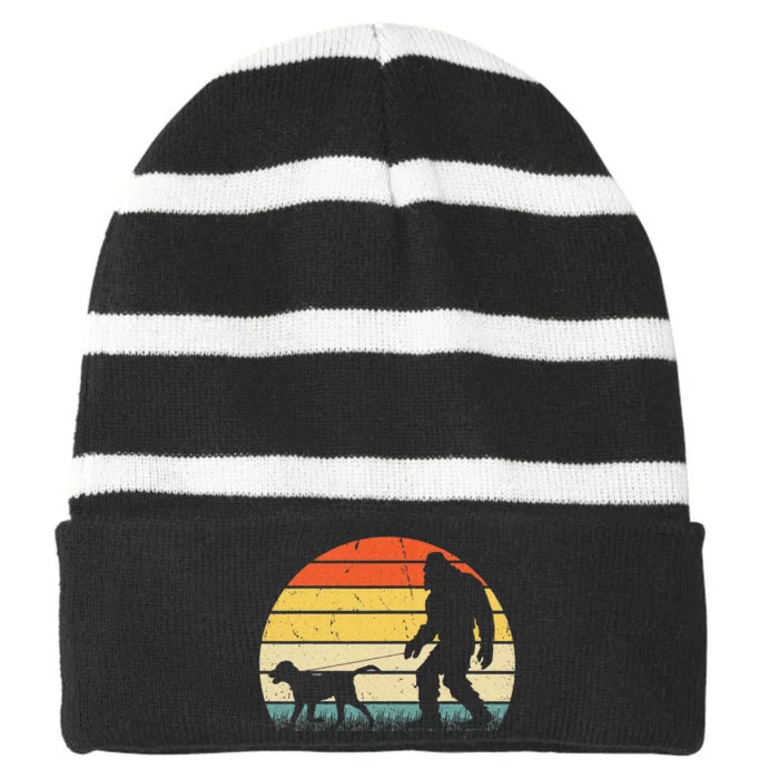 Bigfoot Walking Labrador Dog Funny Vintage 60s 70s Retro Striped Beanie with Solid Band