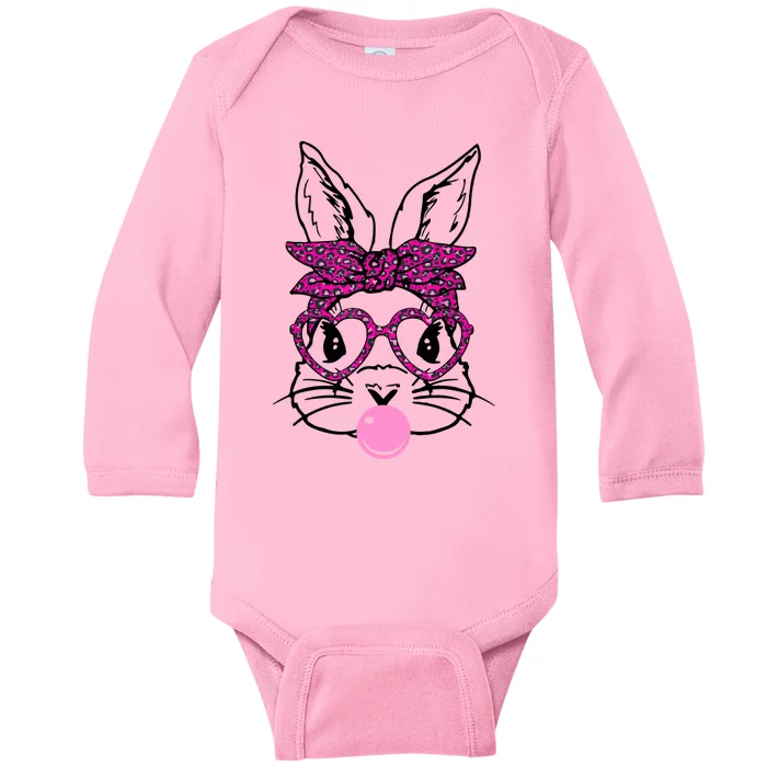 Bunny With Leopard Bandana Heart Glasses Bubblegum Easter Baby Long Sleeve Bodysuit