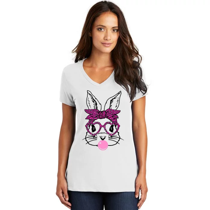 Bunny With Leopard Bandana Heart Glasses Bubblegum Easter Women's V-Neck T-Shirt