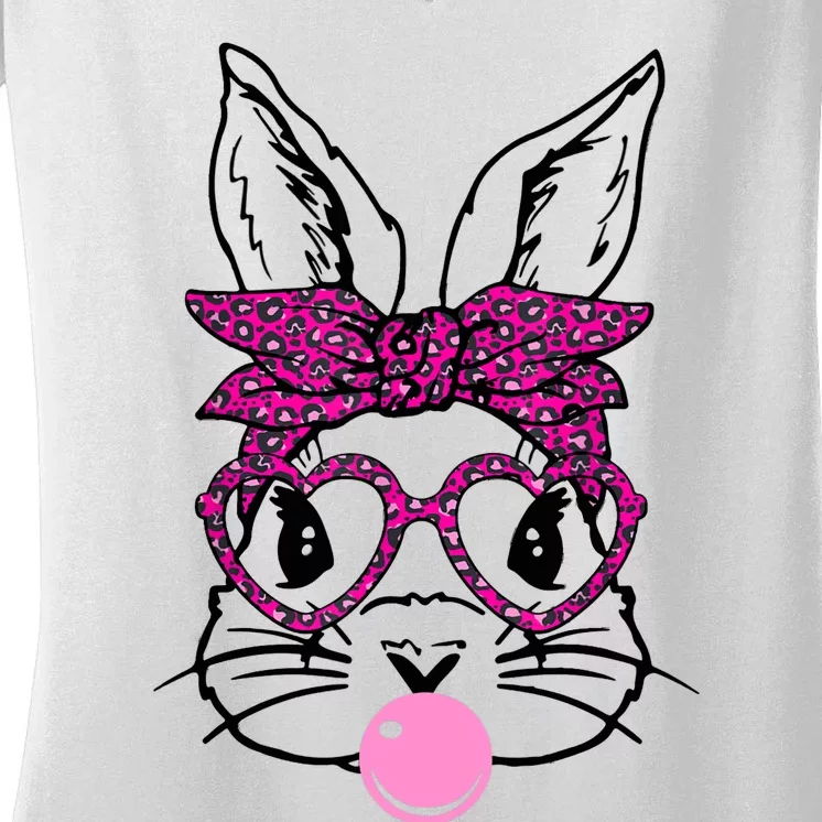 Bunny With Leopard Bandana Heart Glasses Bubblegum Easter Women's V-Neck T-Shirt