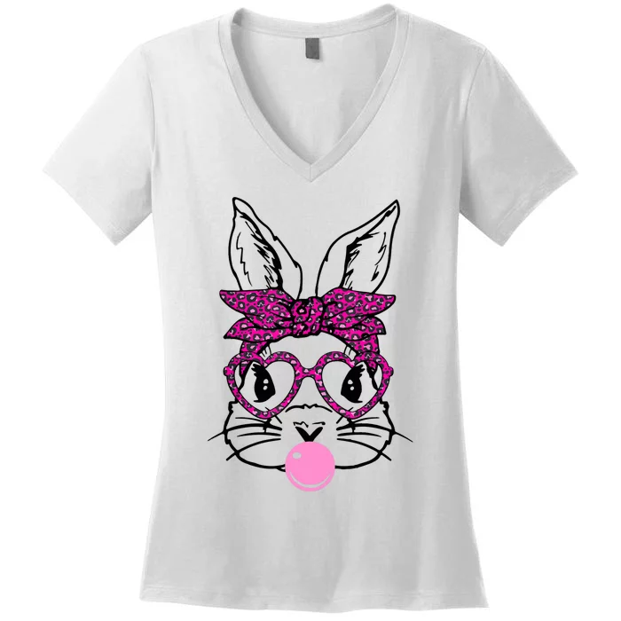 Bunny With Leopard Bandana Heart Glasses Bubblegum Easter Women's V-Neck T-Shirt