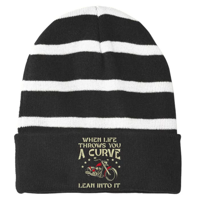 Biker When Life Throws You A Curve Motorcycle Striped Beanie with Solid Band