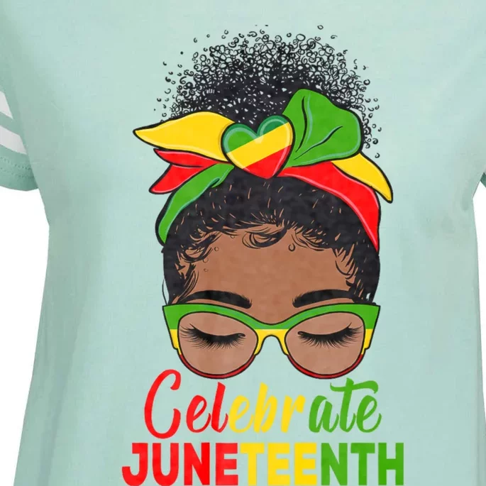 Black Women Messy Bun Juneteenth Celebrate Indepedence Day Enza Ladies Jersey Football T-Shirt