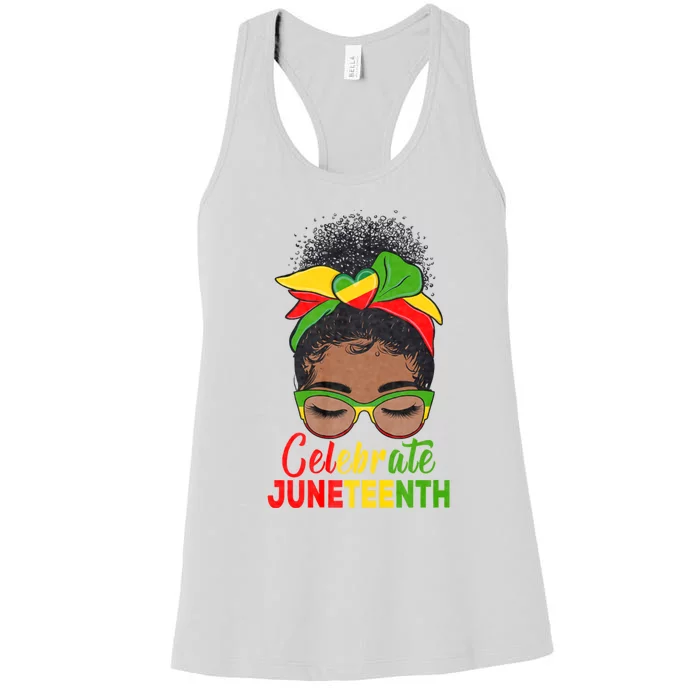 Black Women Messy Bun Juneteenth Celebrate Indepedence Day Women's Racerback Tank