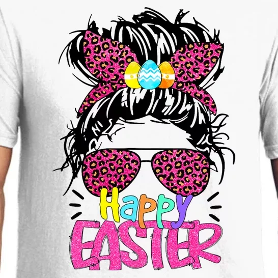 Bunny With Messy Bun Hair Leopard Sunglasses Happy Easter Pajama Set