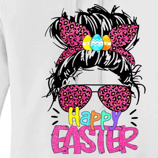 Bunny With Messy Bun Hair Leopard Sunglasses Happy Easter Women's Pullover Hoodie