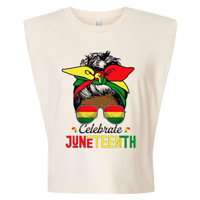 Black Wo Messy Bun Juneteenth Celebrate Independence Day Garment-Dyed Women's Muscle Tee