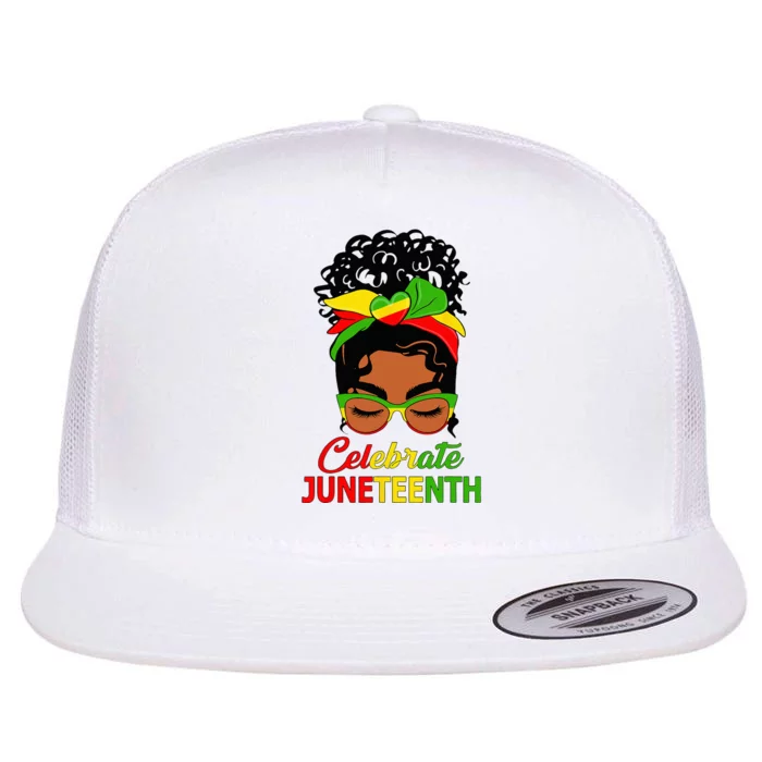 Black Wo Messy Bun Juneteenth Celebrate Indepedence Day Flat Bill Trucker Hat