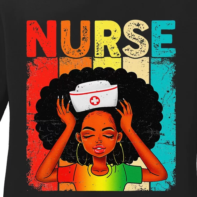 Black Woman Nurse Afro Black History Month Juneteenth Retro Ladies Long Sleeve Shirt