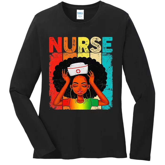 Black Woman Nurse Afro Black History Month Juneteenth Retro Ladies Long Sleeve Shirt