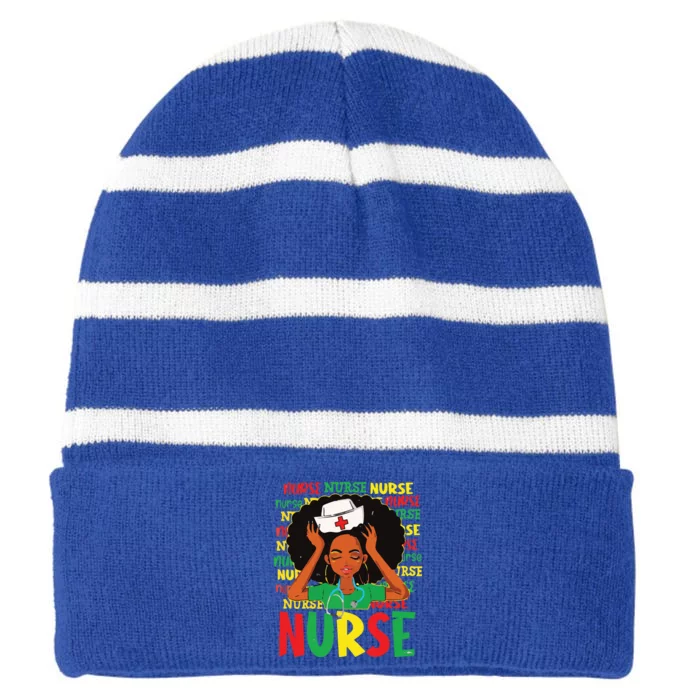 Black Woman Nurse Afro Retro Juneteenth Black History Month Striped Beanie with Solid Band