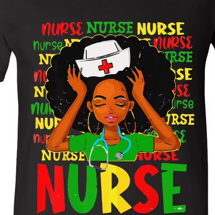 Black Woman Nurse Afro Retro Juneteenth Black History Month V-Neck T-Shirt