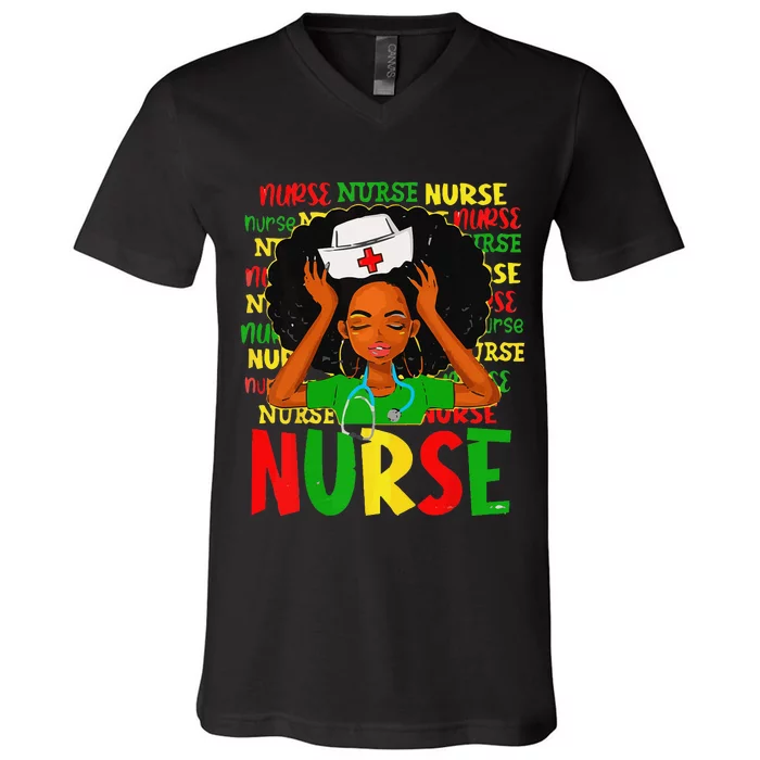 Black Woman Nurse Afro Retro Juneteenth Black History Month V-Neck T-Shirt