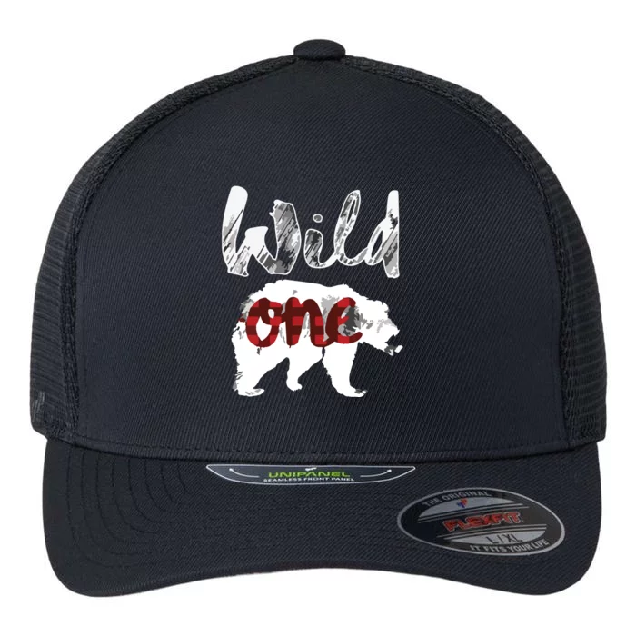 Bear Wild One 1st Birthday Lumberjack Buffalo Plaid Flexfit Unipanel Trucker Cap