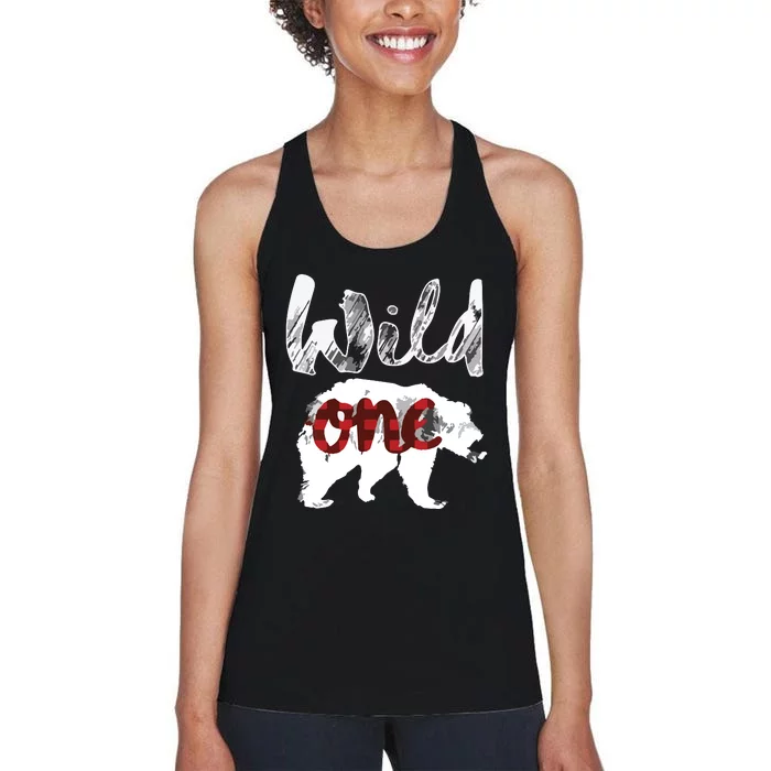 Bear Wild One 1st Birthday Lumberjack Buffalo Plaid Women's Racerback Tank