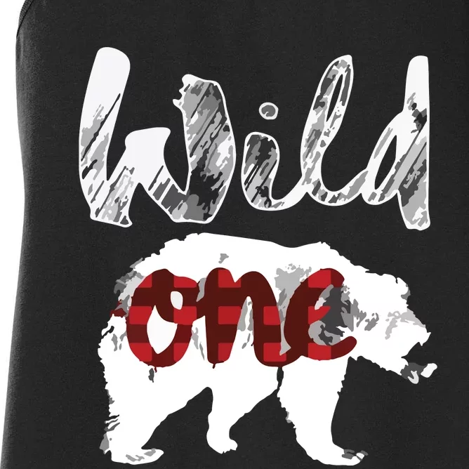 Bear Wild One 1st Birthday Lumberjack Buffalo Plaid Women's Racerback Tank