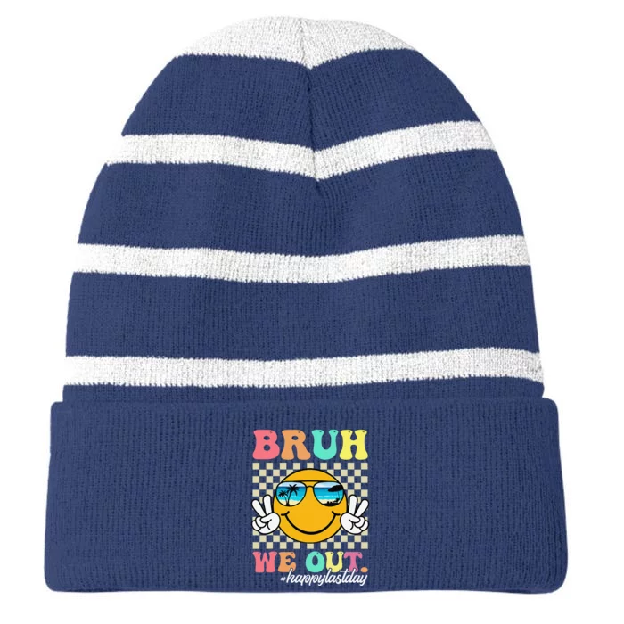 Bruh We Out Happy Last Day Of School Teacher Boy Girl Summer Striped Beanie with Solid Band