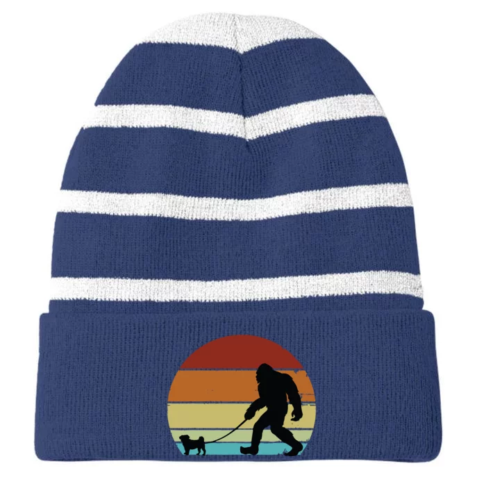 Bigfoot Walking Pug Funny Pug Pug Lover Funny Bigfoot Striped Beanie with Solid Band