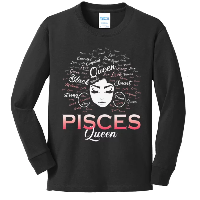 Black Wo Pisces Queen March Birthday Kids Long Sleeve Shirt