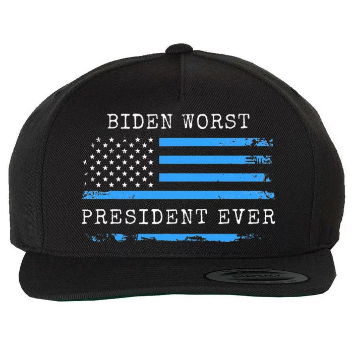 BIDEN WORST PRESIDENT EVER ANTI JOE BIDEN AMERICAN FLAG Wool Snapback Cap