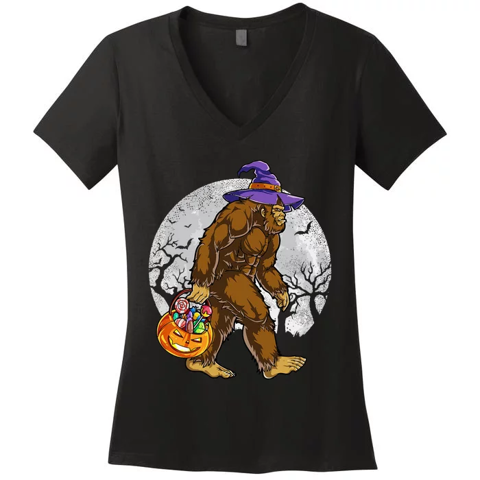 Bigfoot Witch Pumpkin Halloween Girls Women Sasquatch Lovers Women's V-Neck T-Shirt