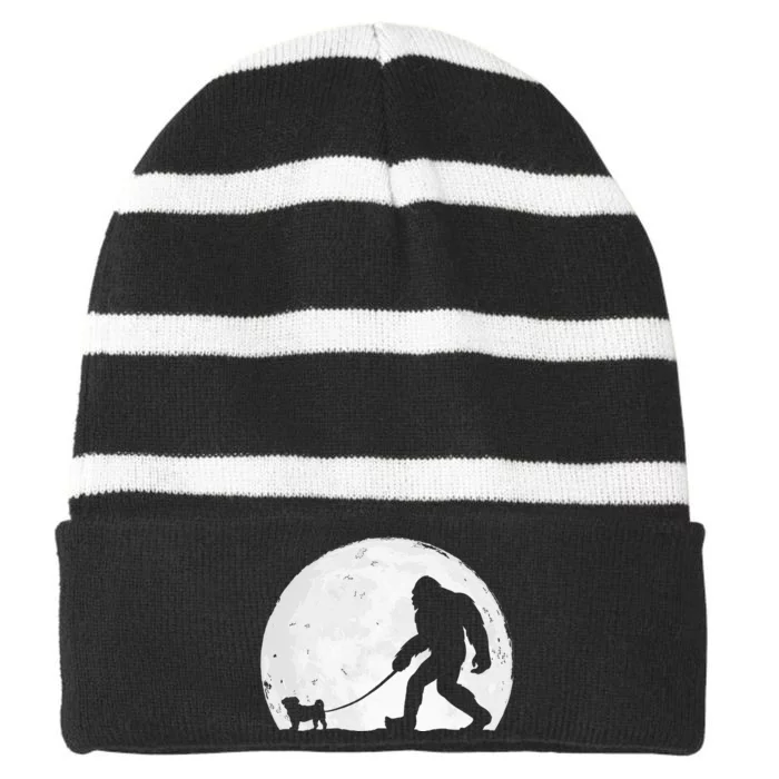 Bigfoot Walks Pug Funny Pug Funny Bigfoot Pug Lover Pug Striped Beanie with Solid Band