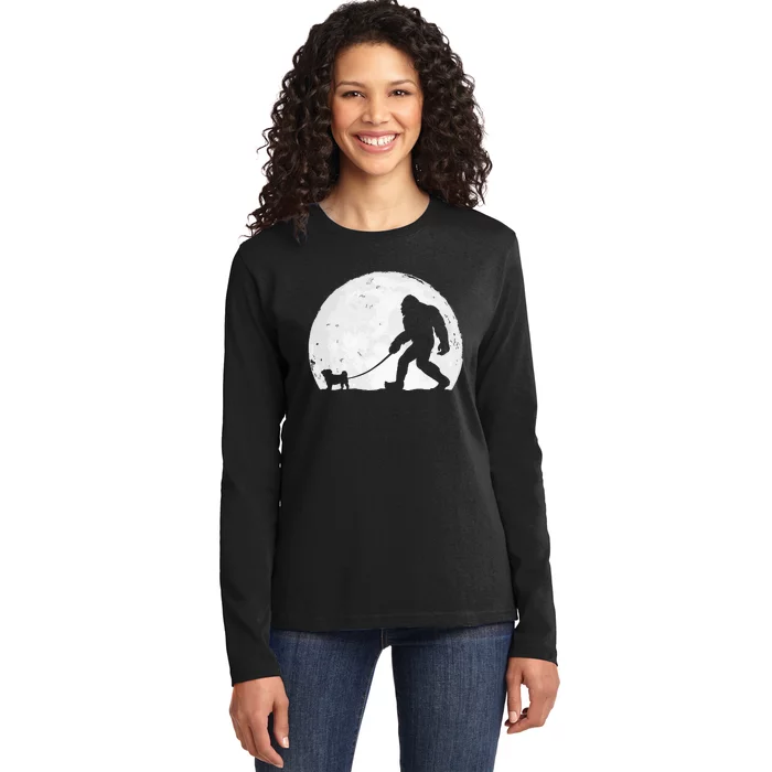 Bigfoot Walks Pug Funny Pug Funny Bigfoot Pug Lover Pug Ladies Long Sleeve Shirt