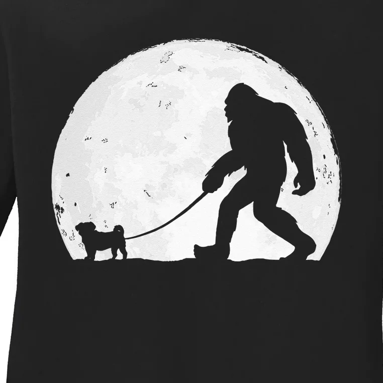 Bigfoot Walks Pug Funny Pug Funny Bigfoot Pug Lover Pug Ladies Long Sleeve Shirt