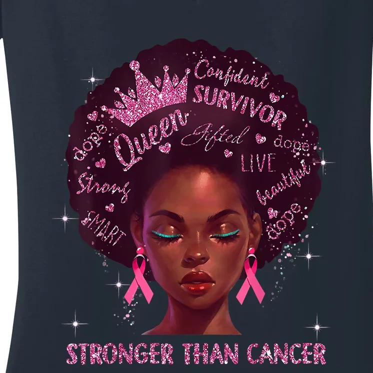 Black Women Queen Stronger Than Breast Cancer Pink Ribbon Women's V-Neck T-Shirt