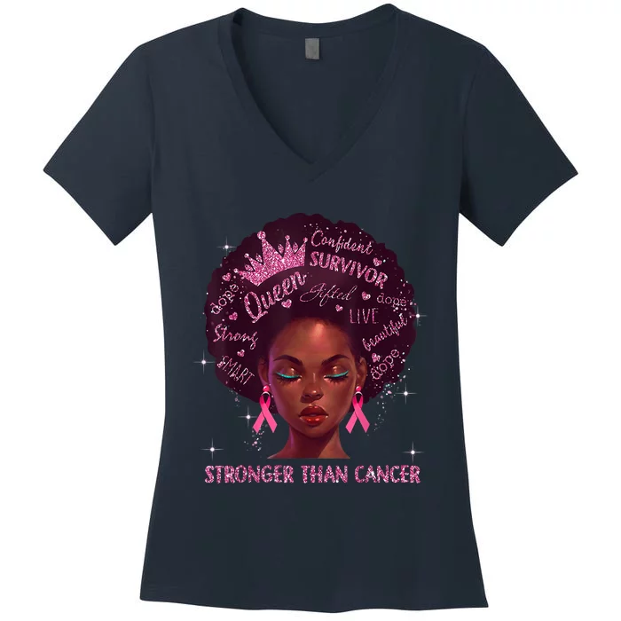 Black Women Queen Stronger Than Breast Cancer Pink Ribbon Women's V-Neck T-Shirt