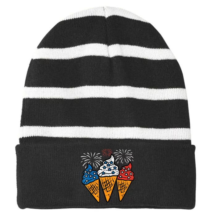 Blue White Red Ice Cream Cone US Flag 4th Of July Patriotic Striped Beanie with Solid Band