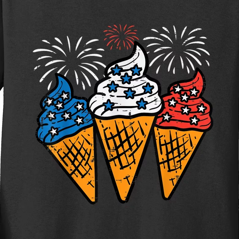 Blue White Red Ice Cream Cone US Flag 4th Of July Patriotic Kids Long Sleeve Shirt