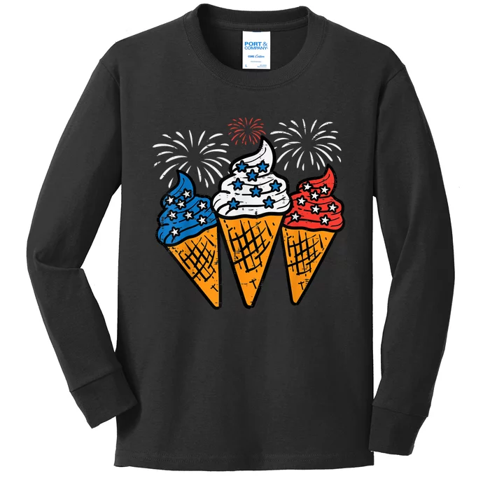 Blue White Red Ice Cream Cone US Flag 4th Of July Patriotic Kids Long Sleeve Shirt