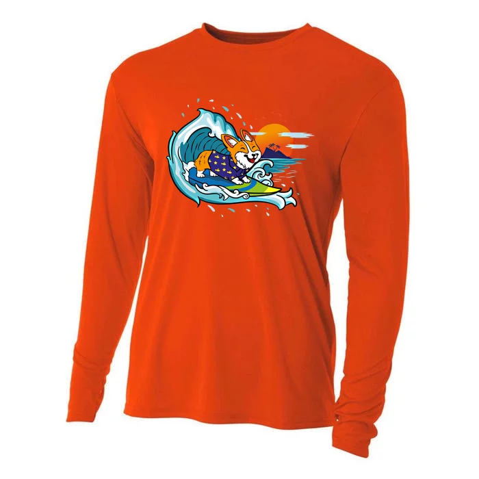 Big Wave Surfing Welsh Corgi Mom Dog Lover Beach Design Gift Cooling Performance Long Sleeve Crew