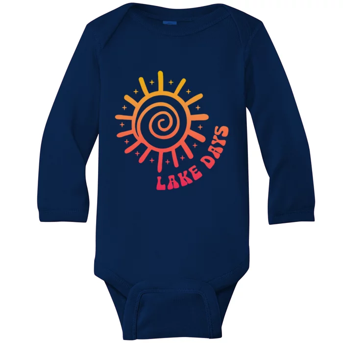 Boat Waves Sun Rays Lake Days Family Summer Vacation Retro Gift Baby Long Sleeve Bodysuit