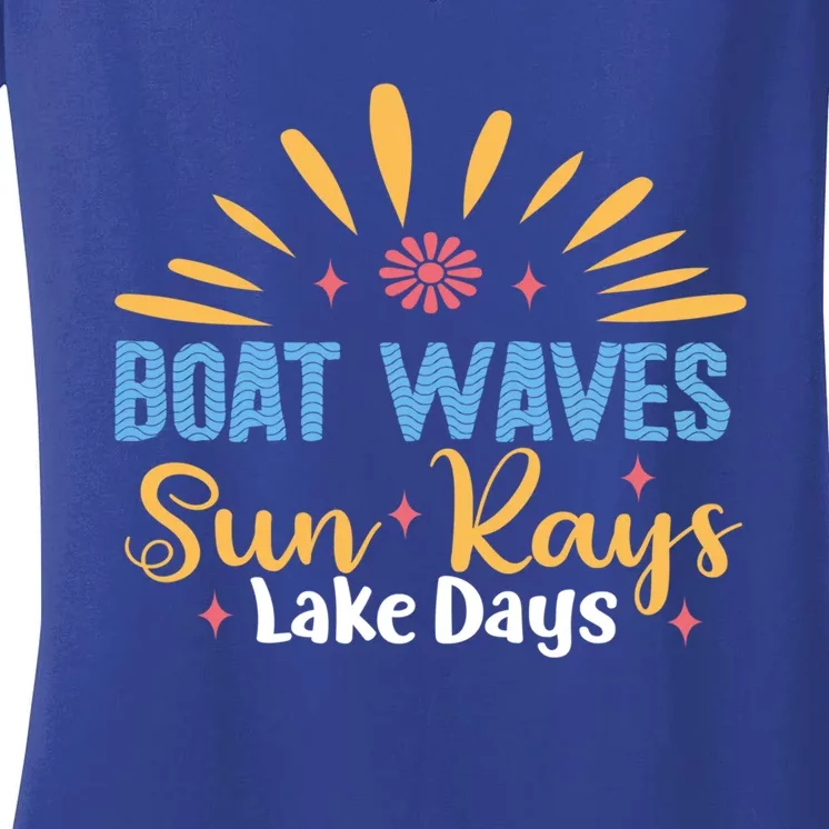 Boat Waves Sun Rays Lake Days Summer Vacation Vibes Retro Funny Gift Women's V-Neck T-Shirt