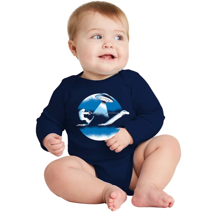 Bigfoot Water Skiing On Loch Ness Monster Alien Space Ship Gift Baby Long Sleeve Bodysuit