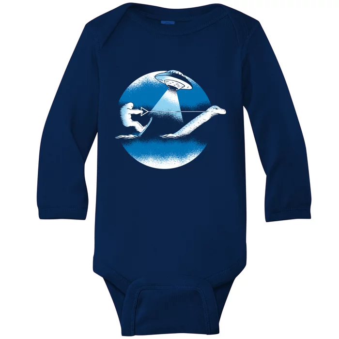 Bigfoot Water Skiing On Loch Ness Monster Alien Space Ship Gift Baby Long Sleeve Bodysuit