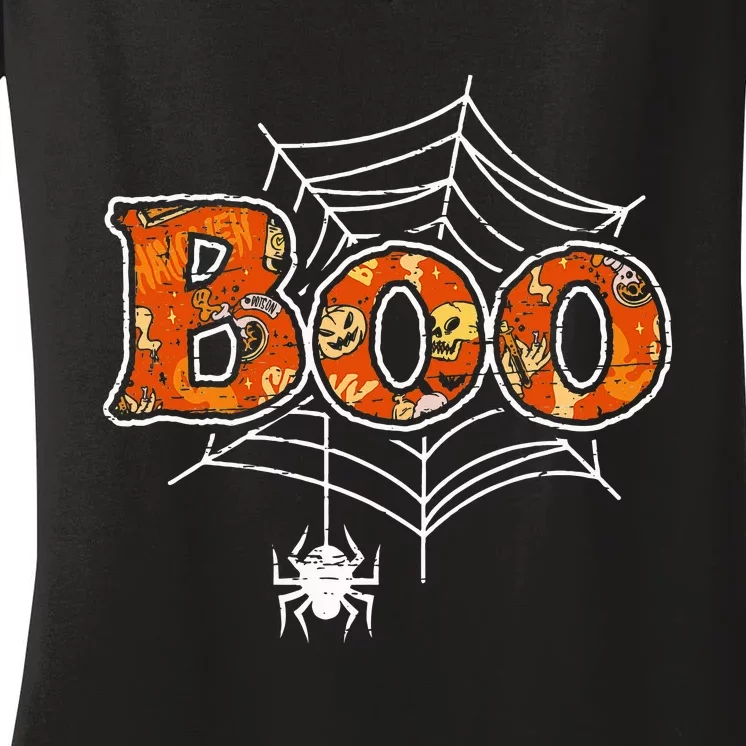 Boo Web Spider Halloween Day Party Trick Or Treat Design Women's V-Neck T-Shirt