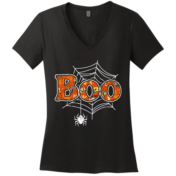 Boo Web Spider Halloween Day Party Trick Or Treat Design Women's V-Neck T-Shirt