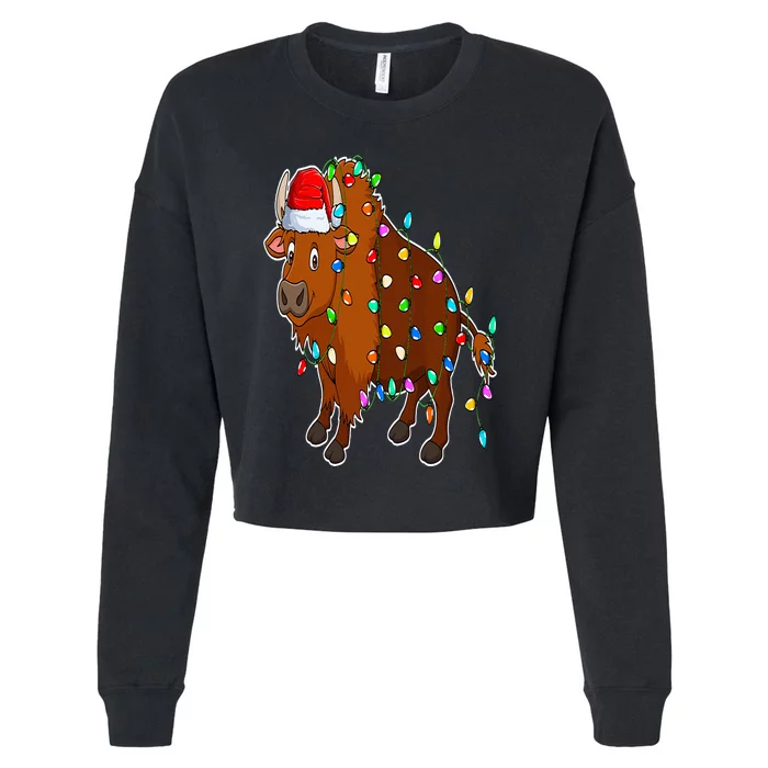 Bison Wearing Santa Hat Xmas Animal Bison Lover Christmas Cropped Pullover Crew