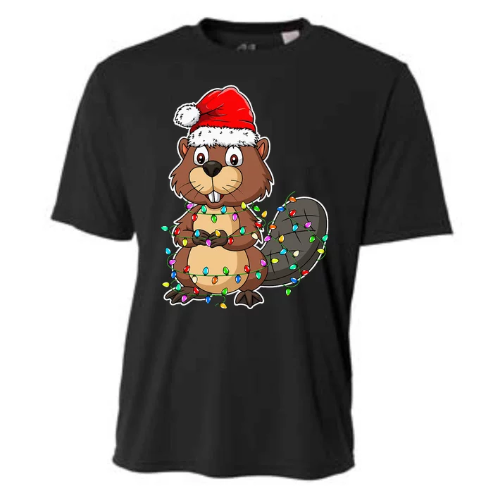 Beaver Wearing Santa Hat Xmas Funny Beaver Lover Christmas Cooling Performance Crew T-Shirt