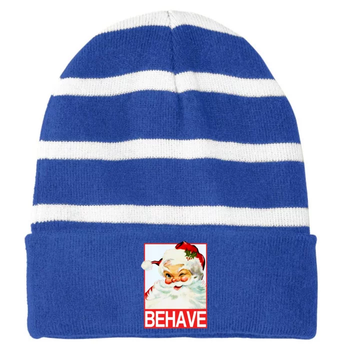 Behave Winking Santa Claus Gift Striped Beanie with Solid Band