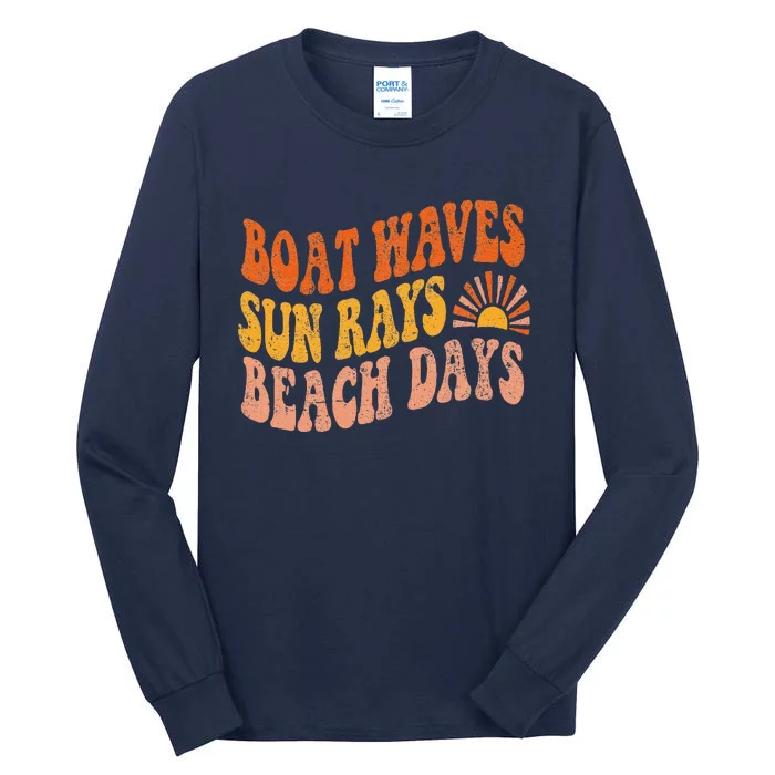 Boat Waves Sun Rays Beach Days Cute Retro Summer Vacation Tall Long Sleeve T-Shirt