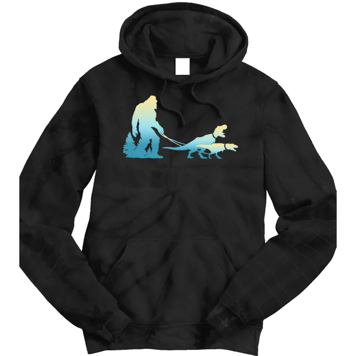 Bigfoot Walking T Rex Dinosaurs Funny Sasquatch Dinosaur Tie Dye Hoodie