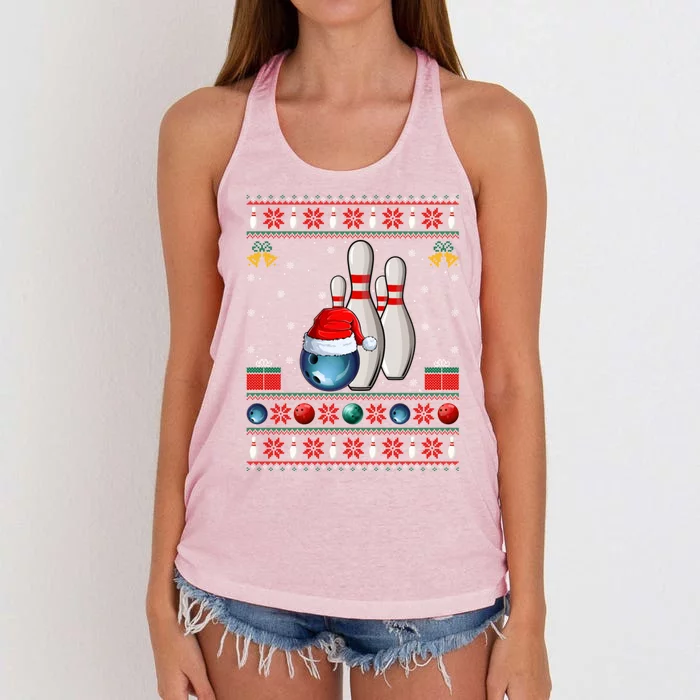 Bowling Xmas Sweater Ugly Santa Bowling Christmas Gift Women's Knotted Racerback Tank