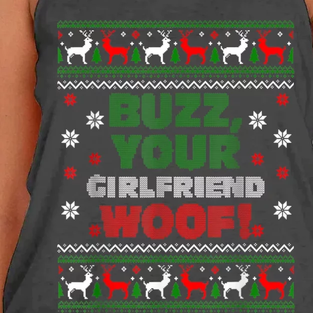 Buzz Xmas Your Girlfriend Woof! Ugly Christmas Sweater Women's Knotted Racerback Tank