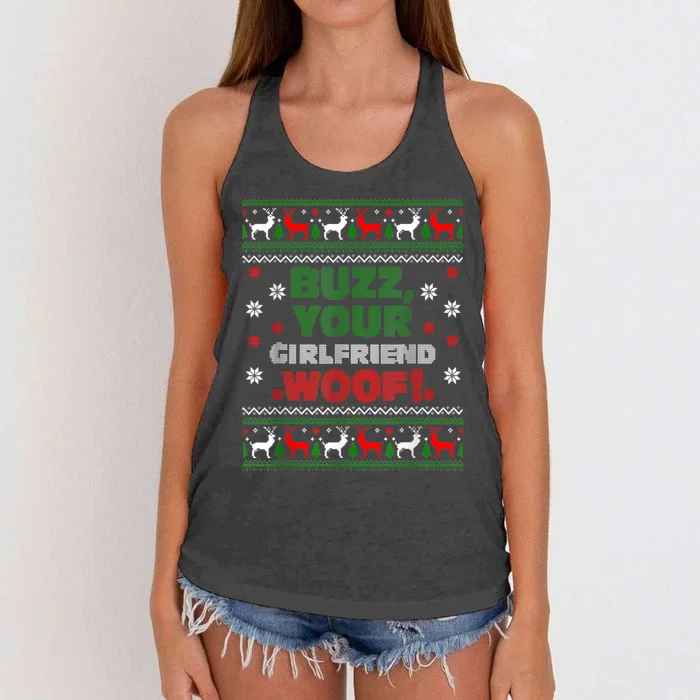 Buzz Xmas Your Girlfriend Woof! Ugly Christmas Sweater Women's Knotted Racerback Tank